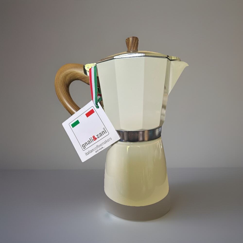 White Gnali & Zani Moka Pot 9 Cup Italian Espresso Coffee Maker Wood Handle
